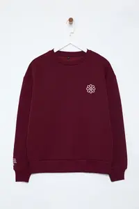 TRENDYOLMİLLA Burgundy Embroidered Regular/Normal Pattern Thick Fleece Inside Knitting Sweatshirt - Image 6