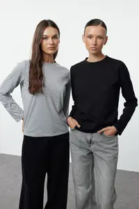 TRENDYOLMİLLA Black-Gray 2 Sets Paket 100% Cotton Crew Neck Regular/Normal Cut Knitting T-Shirt - Image 10