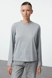 TRENDYOLMİLLA Black-Gray 2 Sets Paket 100% Cotton Crew Neck Regular/Normal Cut Knitting T-Shirt - Image 11