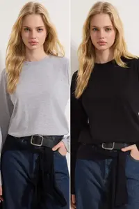 TRENDYOLMİLLA Black-Gray 2 Sets Paket 100% Cotton Crew Neck Regular/Normal Cut Knitting T-Shirt - Image 2