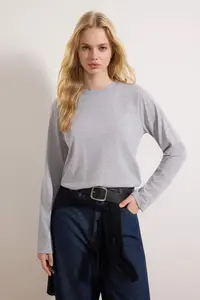 TRENDYOLMİLLA Black-Gray 2 Sets Paket 100% Cotton Crew Neck Regular/Normal Cut Knitting T-Shirt - Image 7