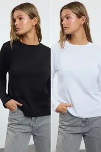 TRENDYOLMİLLA Black-White 2 Sets Paket Crew Neck Regular/Normal Cut Knitting T-Shirt - Image 10