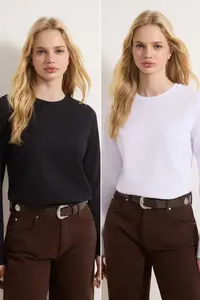 TRENDYOLMİLLA Black-White 2 Sets Paket Crew Neck Regular/Normal Cut Knitting T-Shirt - Image 2