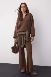 TRENDYOLMİLLA Wardrobe Essentials Brown Cotton Sweater-Pants Knitwear Top and Bottom Set | - Image 2