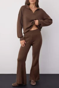 TRENDYOLMİLLA Wardrobe Essentials Brown Cotton Sweater-Pants Knitwear Top and Bottom Set | - Image 3