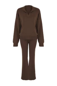 TRENDYOLMİLLA Wardrobe Essentials Brown Cotton Sweater-Pants Knitwear Top and Bottom Set | - Image 5