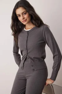 TRENDYOLMİLLA Wardrobe Essentials Anthracite Mercerized Look Knitwear Cardigan-Pants Top and Bottom Set | - Image 2