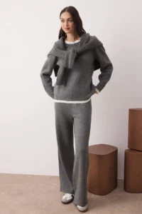 TRENDYOLMİLLA Anthracite Color Bloklu Sweater-Pants Knitwear Bottom - Top Set