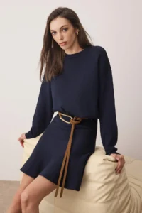TRENDYOLMİLLA Navy Blue Soft textured Sweater-Skirt Knitwear Bottom - Top Set