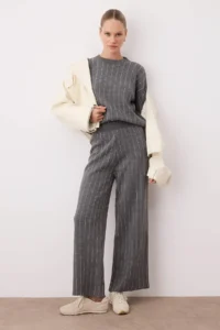 TRENDYOLMİLLA Anthracite Striped Sweater-Pants Knitwear Bottom - Top Set