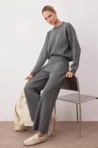 TRENDYOLMİLLA Anthracite Striped Sweater-Pants Knitwear Bottom - Top Set - Image 2