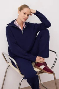 TRENDYOLMİLLA Navy Blue Basic Zippered Sweater-Pants Knitwear Bottom - Top Set - Image 3