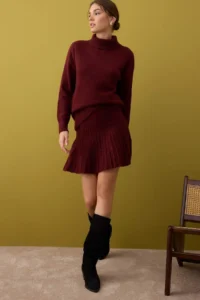 TRENDYOLMİLLA Burgundy Soft textured Turtleneck Sweater-Skirt Knitwear Bottom - Top Set