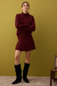 TRENDYOLMİLLA Burgundy Soft textured Turtleneck Sweater-Skirt Knitwear Bottom - Top Set - Image 2