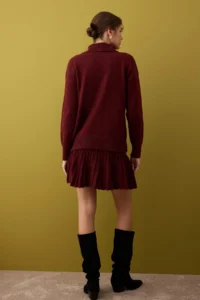 TRENDYOLMİLLA Burgundy Soft textured Turtleneck Sweater-Skirt Knitwear Bottom - Top Set - Image 4