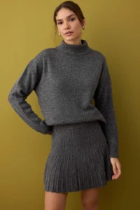 TRENDYOLMİLLA Anthracite Soft textured Turtleneck Sweater-Skirt Knitwear Bottom - Top Set - Image 2