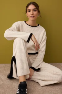 TRENDYOLMİLLA Stone Crop Color Bloklu Ribbed Sweater-Pants Knitwear Bottom - Top Set