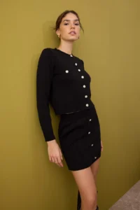 TRENDYOLMİLLA Black Crop Soft textured Cardigan-Skirt Knitwear Bottom - Top Set - Image 2