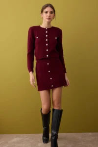 TRENDYOLMİLLA Burgundy Crop Soft textured Cardigan-Skirt Knitwear Bottom - Top Set