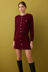 TRENDYOLMİLLA Burgundy Crop Soft textured Cardigan-Skirt Knitwear Bottom - Top Set - Image 2