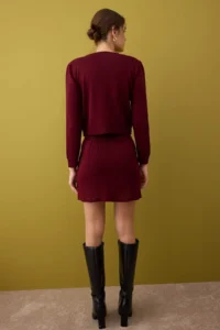 TRENDYOLMİLLA Burgundy Crop Soft textured Cardigan-Skirt Knitwear Bottom - Top Set - Image 4