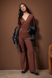 TRENDYOLMİLLA Brown Double breasted Close-fitting Long Sleeve Flexible Knitting Top and Bottom Set