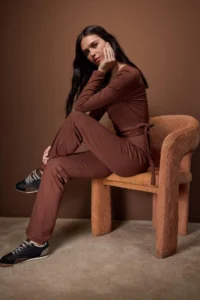 TRENDYOLMİLLA Brown Double breasted Close-fitting Long Sleeve Flexible Knitting Top and Bottom Set - Image 2