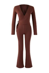 TRENDYOLMİLLA Brown Double breasted Close-fitting Long Sleeve Flexible Knitting Top and Bottom Set - Image 5
