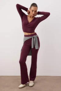 TRENDYOLMİLLA Plum Double breasted Close-fitting Long Sleeve Flexible Knitting Top and Bottom Set