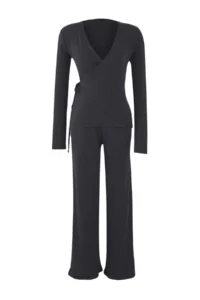 TRENDYOLMİLLA Anthracite wrap Wideleg/Wide Leg Knitting Top and Bottom Set - Image 5