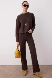 TRENDYOLMİLLA Brown Thessaloniki ribbed Regular/Normal Kesim Knitting Bottom - Top Set