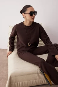 TRENDYOLMİLLA Brown Thessaloniki ribbed Regular/Normal Kesim Knitting Bottom - Top Set - Image 2