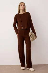 TRENDYOLMİLLA Brown Asymmetric Button Detailed Sweater-Pants Knitwear Bottom - Top Set