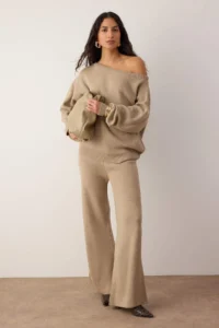 TRENDYOLMİLLA Mink Boat Neck Sweater-Pants Knitwear Bottom - Top Set