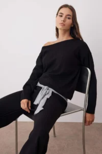 TRENDYOLMİLLA Black Boat Neck Sweater-Pants Knitwear Bottom - Top Set