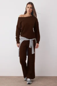 TRENDYOLMİLLA Brown Boat Neck Sweater-Pants Knitwear Bottom - Top Set