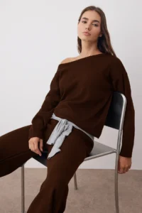 TRENDYOLMİLLA Brown Boat Neck Sweater-Pants Knitwear Bottom - Top Set - Image 2