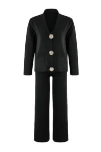 TRENDYOLMİLLA Black V-neck Button Detailed Cardigan-Pants Knitwear Bottom - Top Set - Image 5