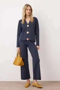 TRENDYOLMİLLA Navy Blue V-neck Button Detailed Cardigan-Pants Knitwear Bottom - Top Set