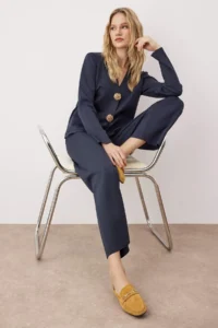 TRENDYOLMİLLA Navy Blue V-neck Button Detailed Cardigan-Pants Knitwear Bottom - Top Set - Image 2