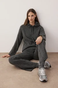 TRENDYOLMİLLA Anthracite Soft textured Hooded Cardigan-Pants Knitwear Bottom - Top Set - Image 2
