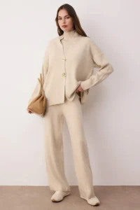 TRENDYOLMİLLA Beige Accessory Detailed 3 Sets Cardigan-Blouse-Pants Knitwear Set