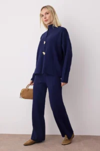 TRENDYOLMİLLA Navy Blue Accessory Detailed 3 Sets Cardigan-Blouse-Pants Knitwear Set