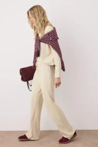 TRENDYOLMİLLA Ecru Thessaloniki Polo Shirt Collar Crop Top Wide Leg/Wide Cut Bottom Flexible Knitting Bottom - Top Set - Image 2