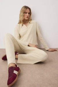 TRENDYOLMİLLA Ecru Thessaloniki Polo Shirt Collar Crop Top Wide Leg/Wide Cut Bottom Flexible Knitting Bottom - Top Set - Image 3