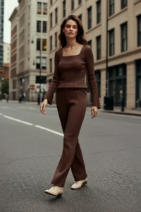 TRENDYOLMİLLA Brown Square Neck Bodysuit hugging Knitwear Bottom - Top Set