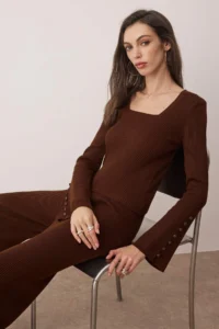 TRENDYOLMİLLA Brown Square Neck Bodysuit hugging Knitwear Bottom - Top Set - Image 2