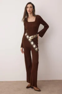 TRENDYOLMİLLA Brown Square Neck Bodysuit hugging Knitwear Bottom - Top Set - Image 3