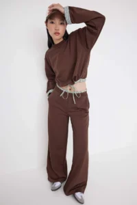 TRENDYOLMİLLA Teen Brown relaxed Pattern Wide Leg/Wide Leg Knitting Sweatshirt/Bottom Tracksuit - Image 2