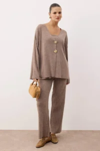 TRENDYOLMİLLA Mink V-neck Blouse-Cardigan-Pants Knitwear Bottom - Top Set